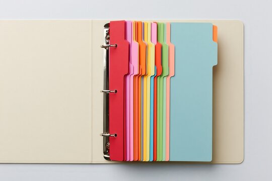 Open binder with colorful dividers on white background