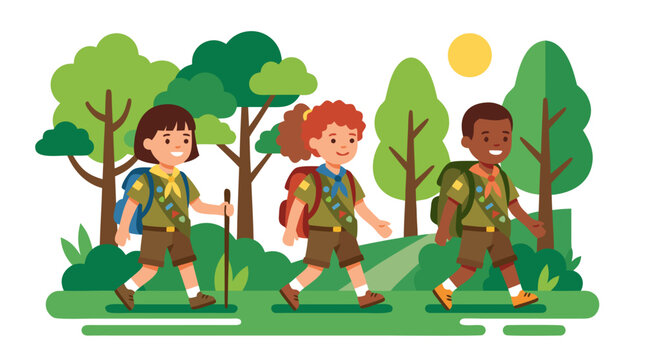 Three diverse children in olive scout uniforms with neckerchiefs and merit badge sashes hiking through sunlit green forest trail, cartoon vector illustration of youth scouting adventure