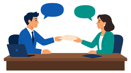 Obraz premium Two professionals sitting at desk exchanging document with speech bubbles, business meeting conversation flat vector illustration with man and woman - professional high detailed commercial stock