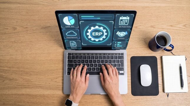 Top view of person working on erp software on laptop