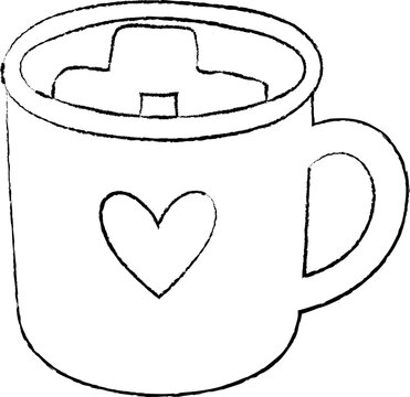 A hand-drawn black outline illustration of a cozy mug with marshmallows and a heart design, isolated