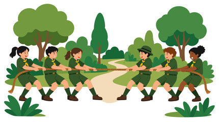 Fototapeta premium Two Teams of Students in Green Scout Uniforms Playing Tug of War Game in Leafy Nature Park - professional high resolution commercial stock photography with clean detailed commercial stock imagery