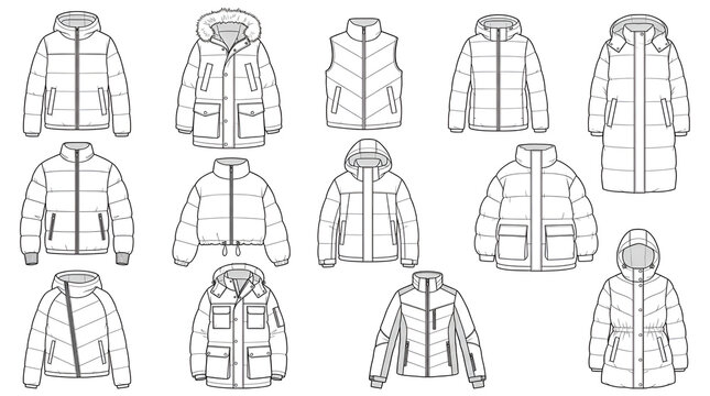 Fashion Tech Pack Line Art Collection of Puffer Jackets and Winter Down Coats