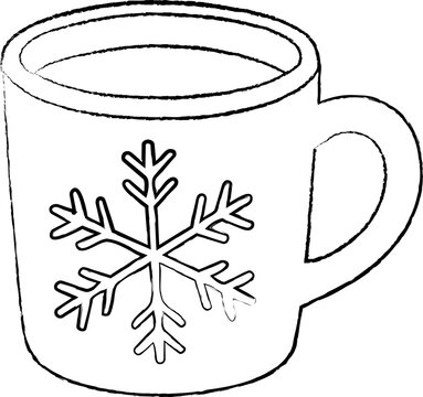 A simple black outline illustration of a winter mug decorated with a large snowflake, isolated