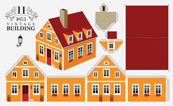 Vintage Orange House Paper Model Template with Red Roof for DIY Papercraft, Miniature Architecture and Printable Craft