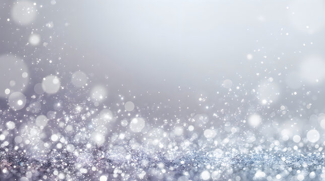 Abstract silver glitter background with soft glowing bokeh lights and sparkles for festive holiday design