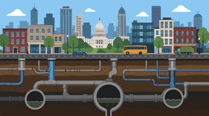 Obraz premium Capital city skyline cross-section showing underground pipes and sewer system beneath urban streets with US Capitol building, vehicles, and detailed infrastructure cutaway