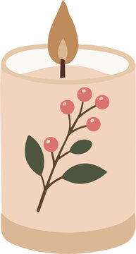 lit decorative candle featuring a botanical branch with red berries and green leaves.