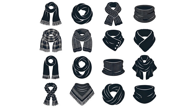 Set of Winter Scarf and Muffler Silhouettes on White Background