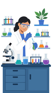 Professional female scientist in white lab coat and safety goggles conducting experiment in modern science laboratory with colorful chemical liquids beakers flasks and microscope vector illustration