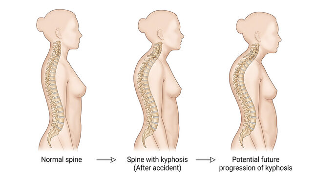 Medical comparing normal spine, spine with kyphosis, and potential future progression