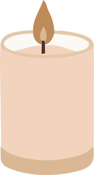 simple lit beige candle with a warm flame and clean modern design.