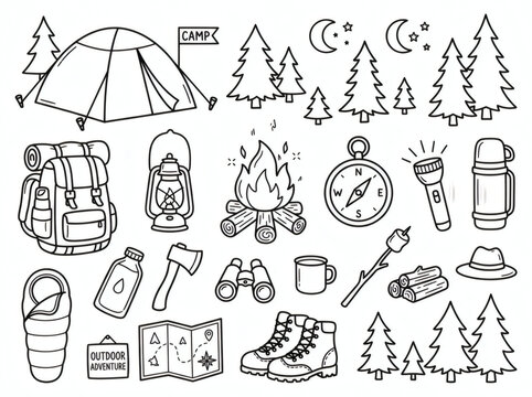 Camping Gear and Outdoor Adventure Doodle Icon Set, Hand Drawn Hiking Equipment Line Art Illustration Isolated on White Background for Tourism Branding, Travel Blog, and Summer Camp Design
