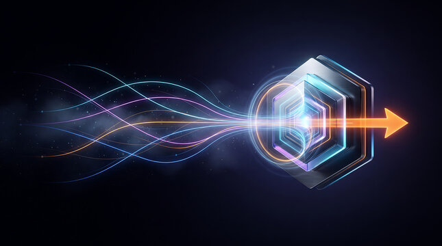 Abstract hexagonal structure with glowing light trails and directional arrows representing digital transformation and data processing flow