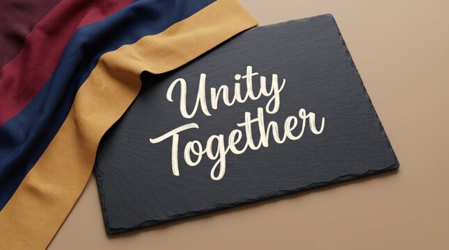Unity together message on slate board with colorful fabric