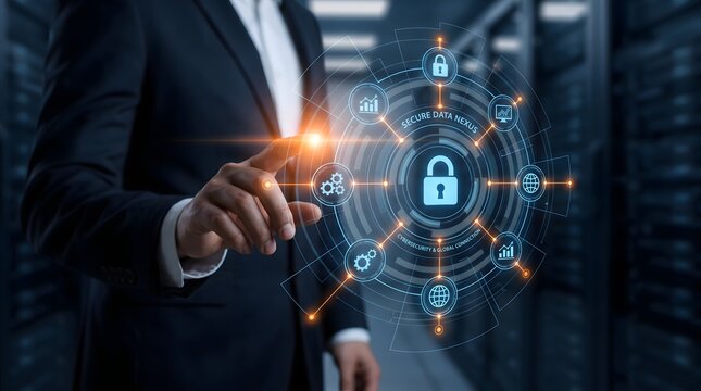 Protecting digital assets a business professional interacts with a futuristic cybersecurity interface ensuring data integrity and network security in the modern age