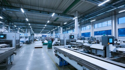 Obraz premium Modern industrial factory interior with conveyor belts hinery and bright overhead lighting creating a clean and organized production environment