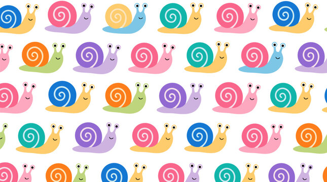 Repeating seamless pattern of cute cartoon snails with colorful spiral shells on white background, whimsical kawaii snail illustration, cheerful kids textile, wrapping paper and fabric design