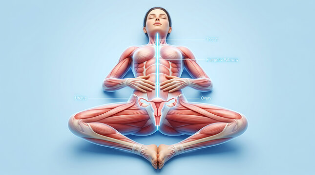 Anatomical of woman in yoga pose with muscular system highlighted