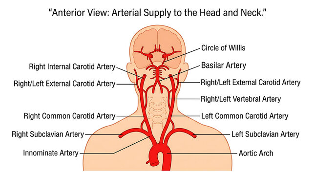 Anterior view medical of arterial supply to head and neck