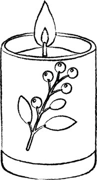 A minimalist black outline illustration of a lit pillar candle decorated with a botanical berry branch and leaves.
