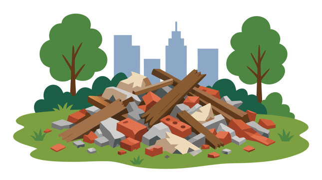 Pile of broken red bricks wooden planks and crumpled concrete debris dumped on green grass in city park with trees and urban skyline flat vector illustration - detailed commercial stock imagery with