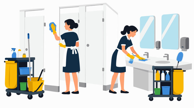 Two professional maids in navy uniforms with white aprons cleaning a public bathroom, wiping down white stalls and polishing sinks with cleaning carts and supplies, flat vector illustration style