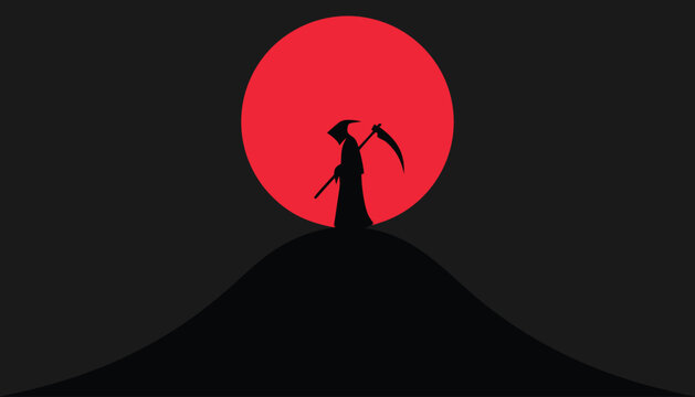 Grim reaper silhouette holding scythe standing on hill against large red blood moon night sky backdrop.