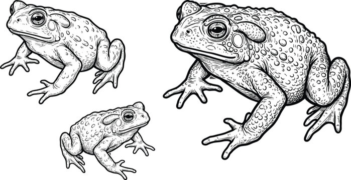 Detailed black and white frog illustration set showing realistic amphibian anatomy and texture for scientific, educational, and artistic design projects