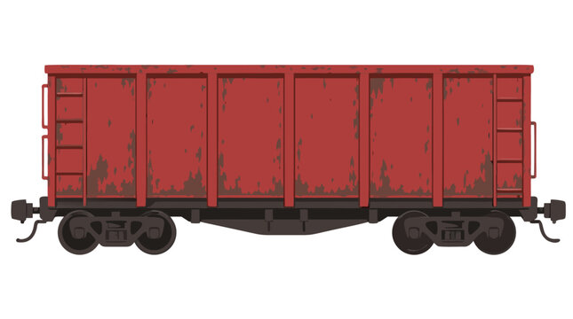 Weathered red open top gondola freight train wagon with rusty distressed texture, metal coupling and wheels, vintage cargo railcar isolated on white background, side view vector illustration
