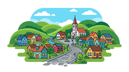 Fototapeta premium Charming Small Town Village with Colorful Houses Church Steeple Rolling Green Hills Winding Cobblestone Road Cute Cartoon Flat Design Vector Illustration - professional detailed commercial stock