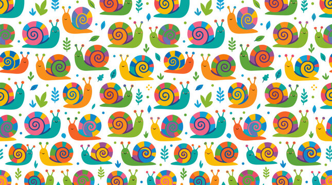 Seamless repeating pattern of adorable cartoon snails with vibrant multicolored spiral shells on white background, playful whimsical vector illustration for kids designs textiles wallpaper