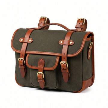 Canvas camera bag with leather straps and brass buckles, crafted in dark green fabric isolated on white background, ideal for travel luggage branding or photography gear