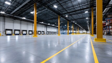 Obraz premium A vast industrial warehouse interior with yellow support columns polished concrete floor and overhead lighting fixtures