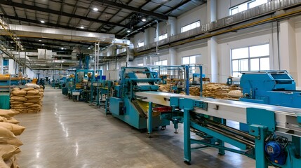Obraz premium Large industrial factory interior with blue hinery conveyor belts and stacks of brown sacks along polished concrete floors