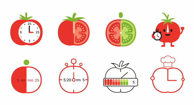 Set of flat vector icons representing the Pomodoro technique for time management.
