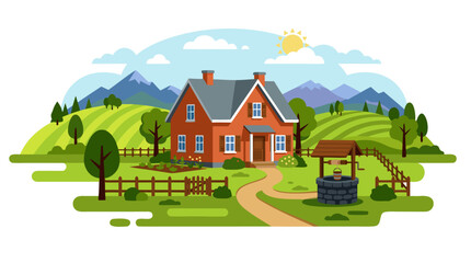 Naklejka premium Charming Red Brick Country House with Stone Well in Front Yard Vector Illustration Rolling Green Hills Distant Blue Mountains Sunny Pastoral Countryside Landscape Farmhouse Scene Flat Design
