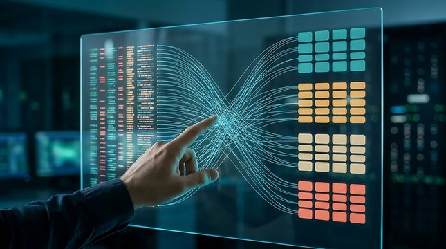 Database engineer analyzing information flow on interactive glass screen displaying structured server data nodes and connections inside modern computer facility.