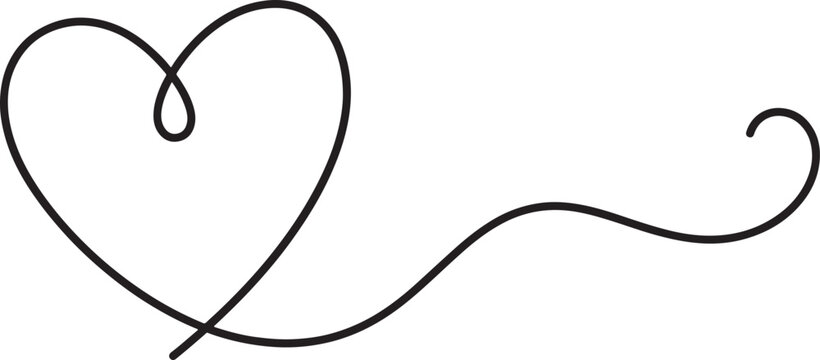 Single continuous black line of a heart shape with a decorative swirling tail on a white background, minimalist romantic for valentine day cards or wedding invitations also transparent background