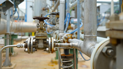 Manual 1-inch valve connected to chemical pipeline in an industrial plant; performing flow control