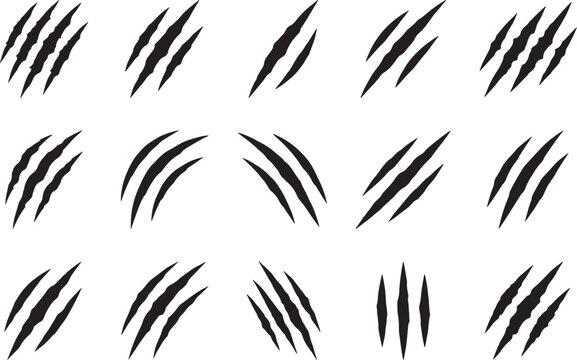 Set of fifteen black animal claw scratch marks, sharp talon or nail slashes, aggressive ripped texture icons for isolated on a white background, set also transparent background