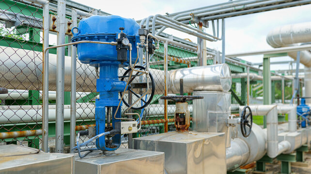 A pneumatic control valve operates pipeline flow through air pressure and remote monitoring systems,
