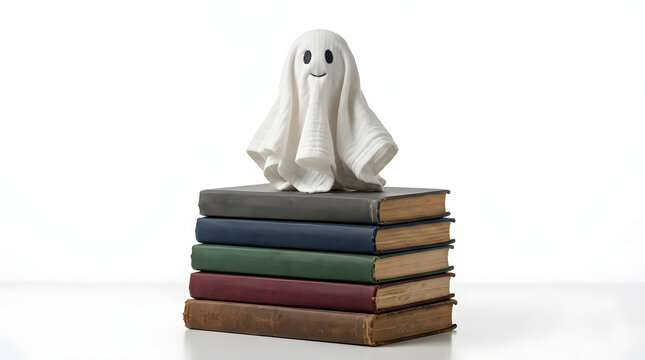 Cute white ghost toy sitting on stack of vintage books, Halloween concept stock photo, spooky reading, holiday decoration, education theme, paper texture
