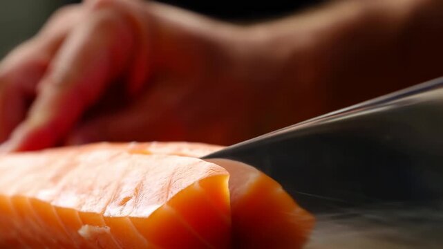 Hands slice raw salmon fillet with broad kitchen knife in tight close-up, pressing through orange flesh as thick portion separates under warm light with pale fat lines and reflective metal
