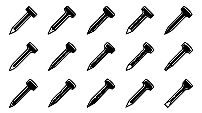 Collection of various metal nail and steel fastener vector icons for construction and woodworking