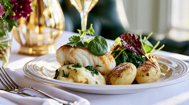 Seafood dish with grilled cod fillet, mashed potatoes, baby potatoes, and fresh greens on a white plate