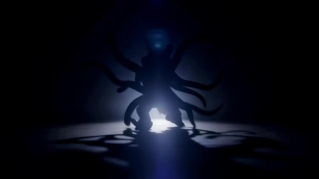 Silhouetted blue creature emerges from darkness under water.
