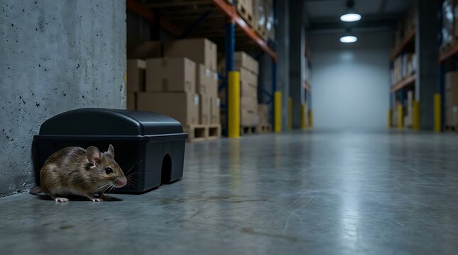Small mouse near black bait station inside industrial warehouse with shelves full of boxes and copy space.