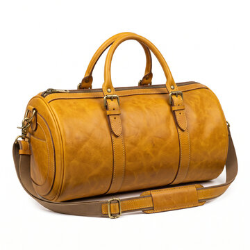Yellow leather duffle bag with brass buckles and strap isolated on a clean white background, crafted for luxury travel accessories, fashion commerce, and weekend trips