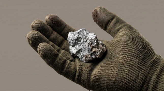 Dirty gloved hand holding a piece of silver ore